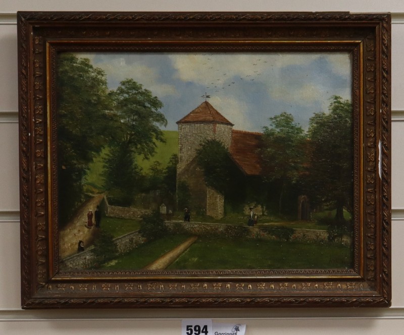 MCC, oil on board, Figures going to a country church, monogrammed and dated 1885, 22 x 29cm
